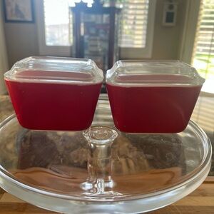 Vintage Pyrex Red Refrigerator Containers with Clear Lids.